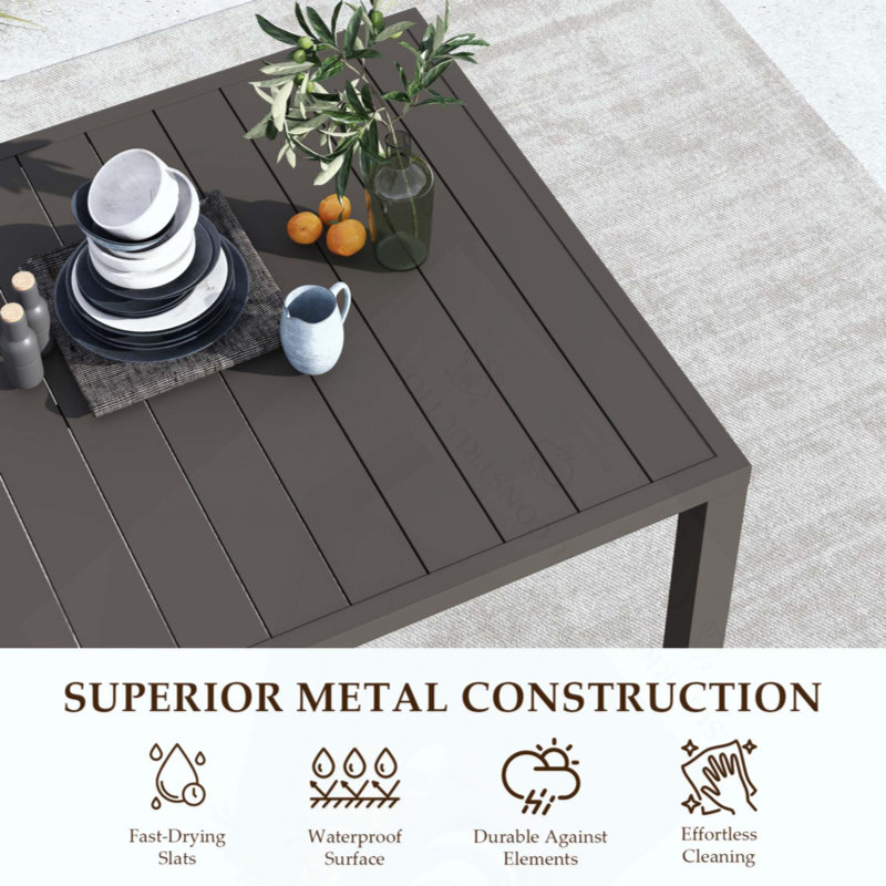 Outdoor Dining Table For 4 Person,Square Slatted Metal Patio Table For Deck Garden Lawn Backyard Use With Umbrella Hole