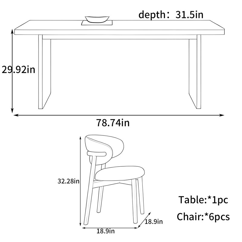 Table de salle à manger rectangulaire moderne, H 29,92 po x L 78,74 po x l 31,5 po