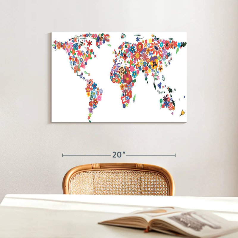 Harnek Flowers World Map, 16" H x 24" W