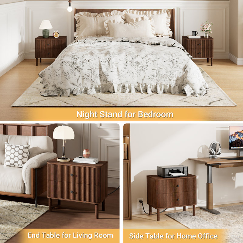 Seyla 24" Nightstands with Rounded Corners & Solid Wood Legs, Charging Station, 2 Drawers End Table with Storage, Mid Century Modern Fluted Bedside Table for Bedroom