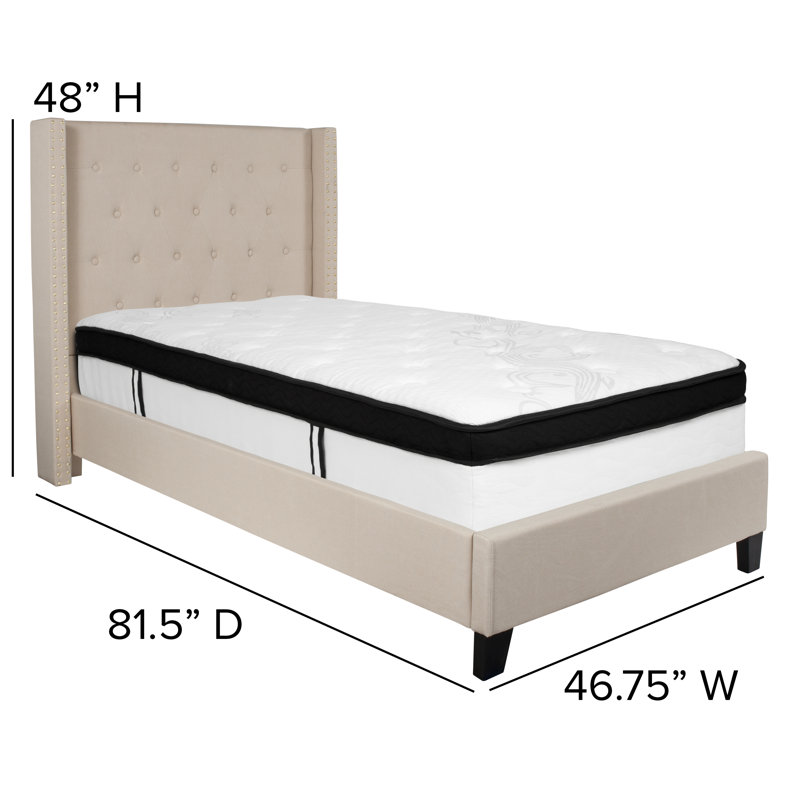 Aluino Tufted Upholstered Platform Bed w/ Memory Foam Pocket Spring Mattress, Beige, Twin