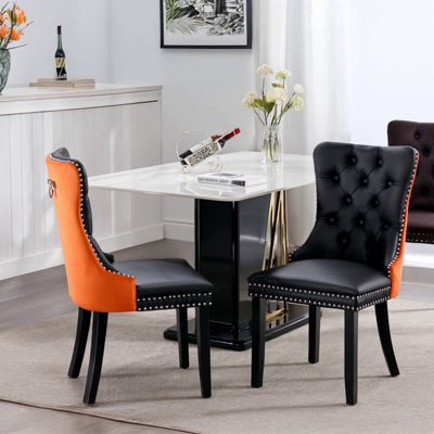 High-End Tufted Solid Wood Contemporary PU And Velvet Upholstered Dining Chair With Wood Legs Nailhead Trim 2-Pcs Set by House of Hampton