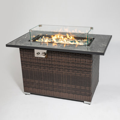Foyer de table 50000Btu avec plateau en céramique, fosse d'extérieur de 44 pouces, rectangulaire, couvercle, housse de pluie, pierres en verre clignotantes, table de fosse au propane brun foncé, plateau de table, chaleur, couleur lumineuse