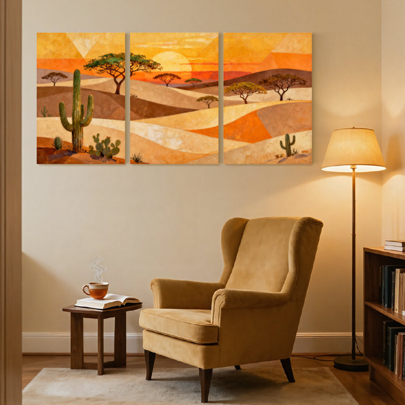 Cactus, paysage désertique, coucher de soleil, arbres de cactus, soleil, couleurs chaudes, ensemble de 3 impressions sur toile