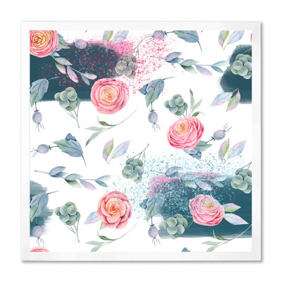 «Pink Beautiful Roses Green Leaves Briar Berries», reproduction d'art sur toile