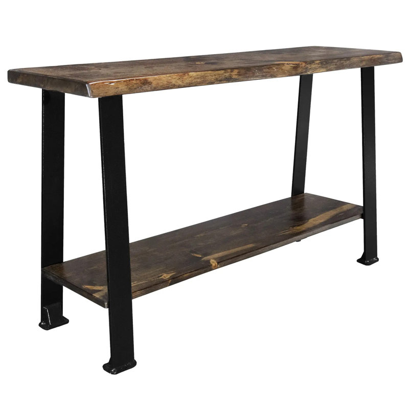 Console Navarra Collection Live Edge avec tablette, pieds en fer forgé de la série Blackstone, teinture de style provincial et finition laquée transparente