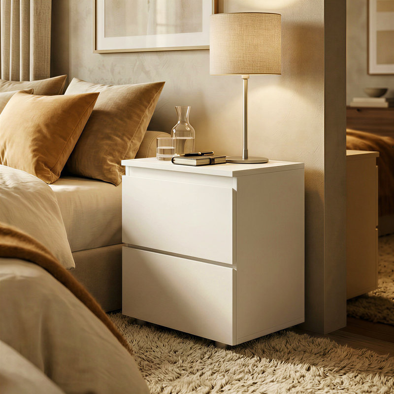 15.7" W Low-Profile Nightstand with 2 Drawers and Metal Slides, White