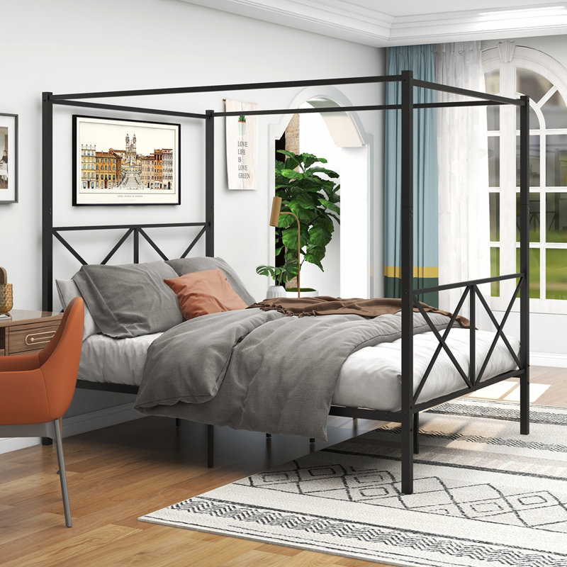 Elanny Four Poster Bed Metal Canopy Bed Frame, Platform Bed Frame with X Shaped Frame, Queen