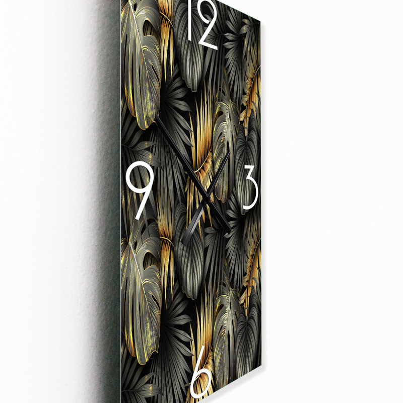 Horloge murale moderne feuilles noires et or tropicales II, Grand