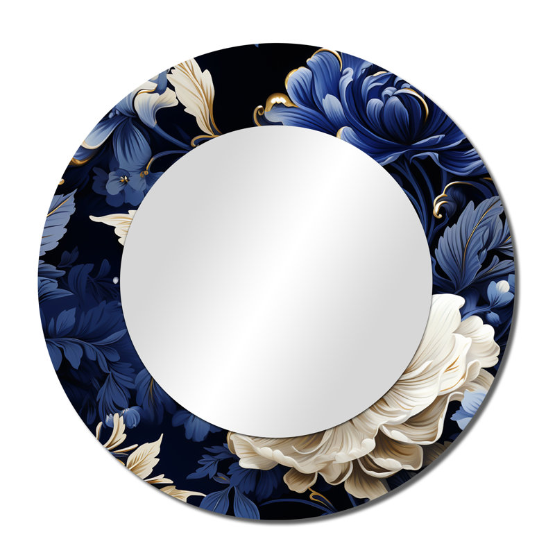 Motif victorien Ryhanna bleu cobalt de la Renaissance - miroir mural floral, miroir décoratif rond bleu, impression d'art en métal