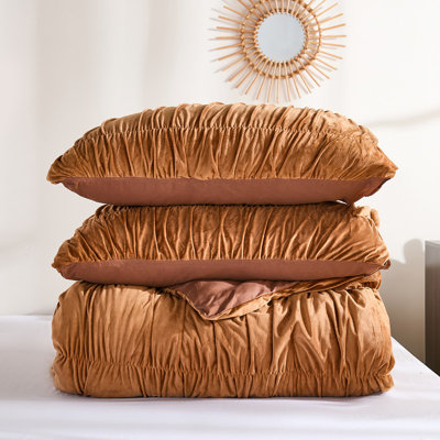 Velvet Ruched Comforter Set Queen Size,Boho Bedding Comforter, Soft Burnt Orange Velvet Bedding Set ,All Season Lightweight Fluffy Comforter Bed Set 3 Pcs