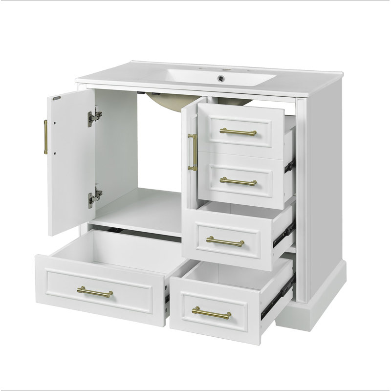 Meuble-lavabo traditionnel 36 po avec lavabo en céramique, armoire de salle de bain blanche avec deux portes à fermeture douce et quatre tiroirs