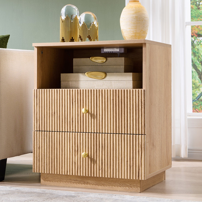 Fluted End Table with Charging Station, 21.65" Wide Side Table with 2 Drawers, Natural Wood