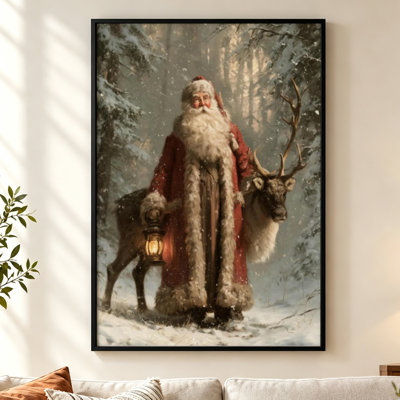 Santa with a Reindeer - Christmas White Framed Canvas Wall Art 24" H x 16" W