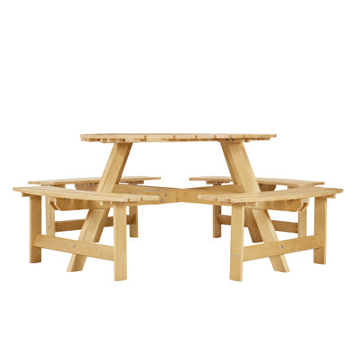 8-Person Outdoor Round Picnic Table Set With 4 Built-In Benches & Umbrella Hole - Perfect For Garden, Backyard, Porch & Patio - Natural Wood