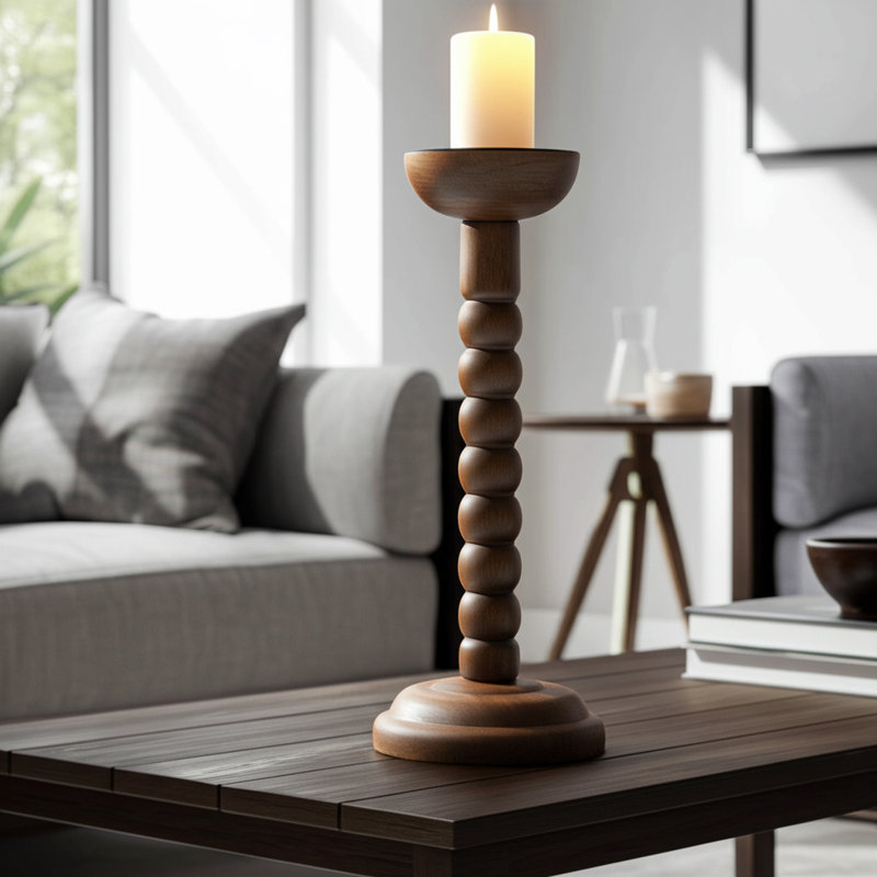 Wood Candle Holder With Sculpted Round Base And Turned Detailing Decorative Accent For Modern Casual Style, Brown