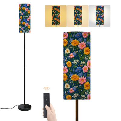 Lampadaire floral rose foncé à feuilles bleues, style vintage, avec marguerites vertes et botaniques, intensité variable, lampe sur pied moderne avec télécommande et interrupteur au pied, abat-jour, lampe de coin haute pour salon, chambre ou bureau.