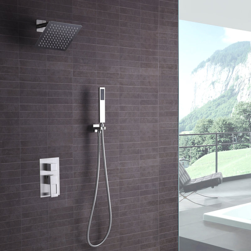 Sumerain Contemporary Concealed Shower System, Single Handle Shower System with Large 8" Square Rain Shower and Hand Shower, Brushed Nickel