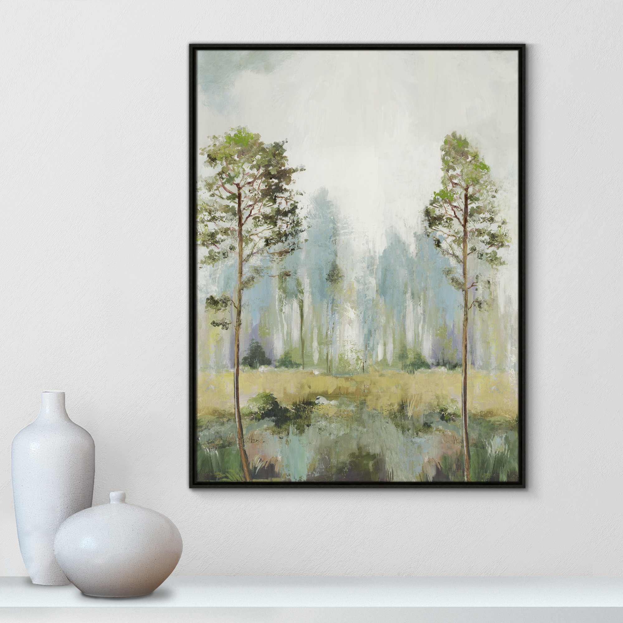 Tall Green Trees II by Teton Pearce - Floater Frame Print on Canvas, 41.5" H x 31.5" W, Black