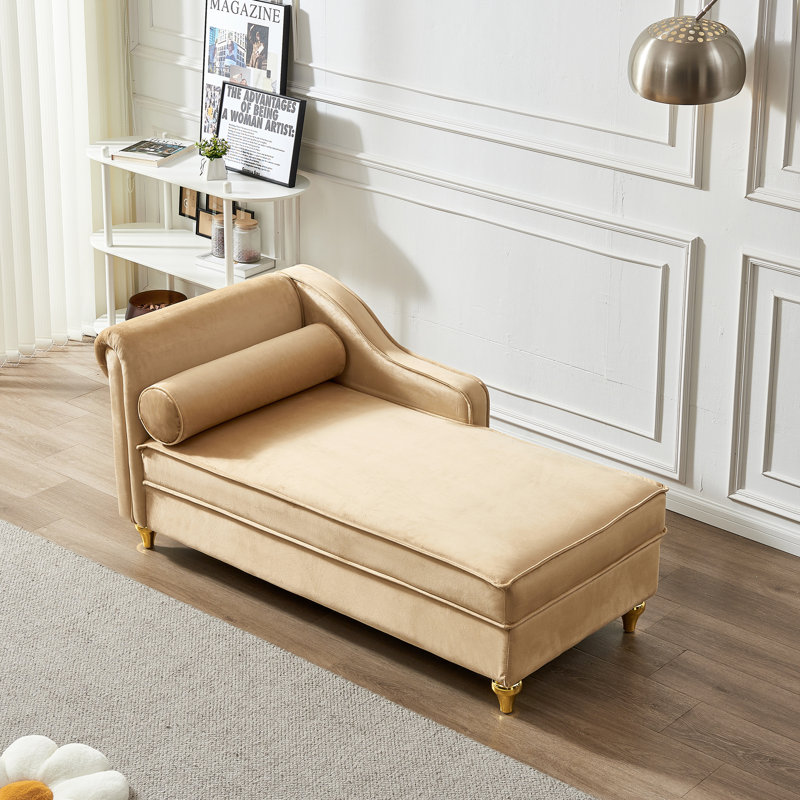 Chaise longue en velours kaki avec grande capacité de rangement - siège confortable, pieds en métal doré, installation simple