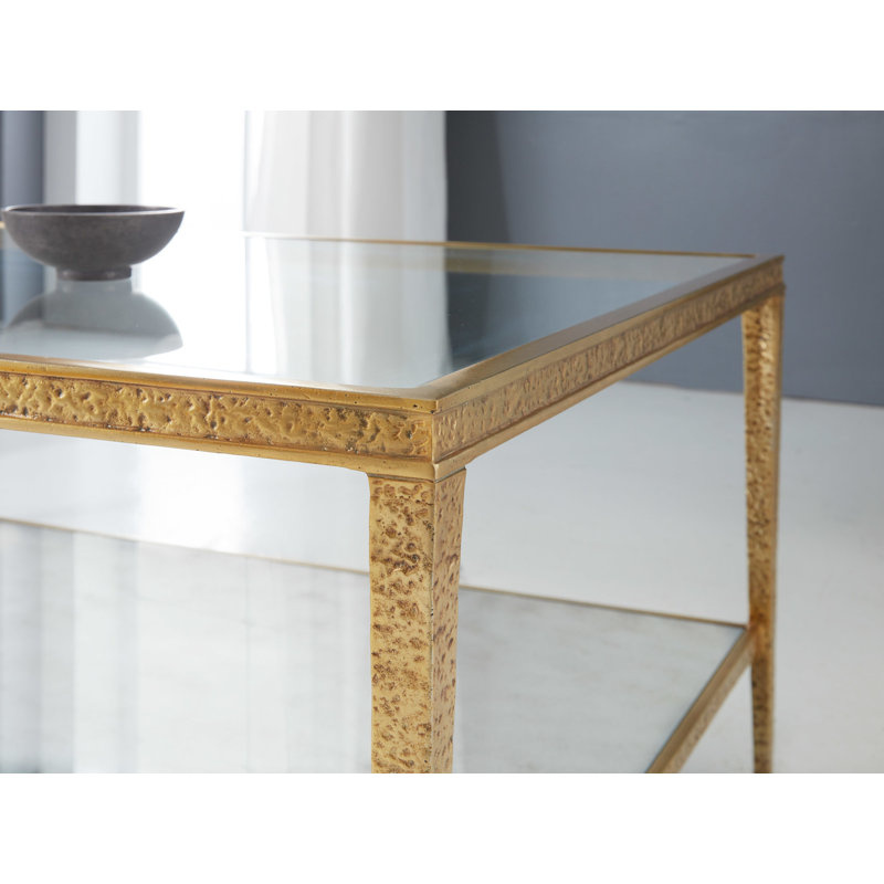 Glass End Table, Antique Brass