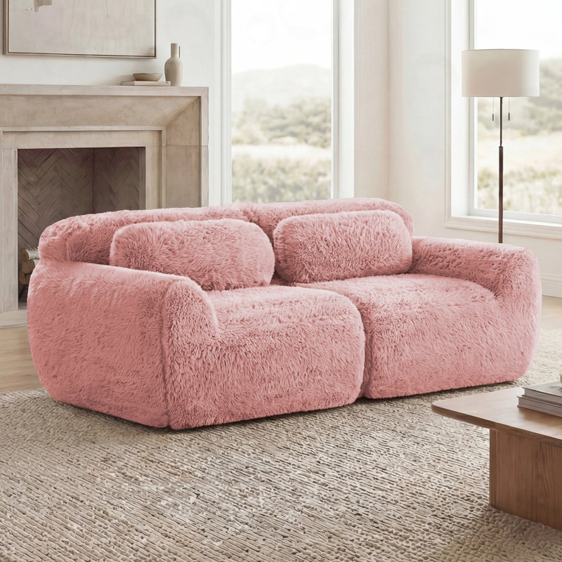 Canapé 2 places en tissu moelleux et moelleux, Peluche rose, Rose