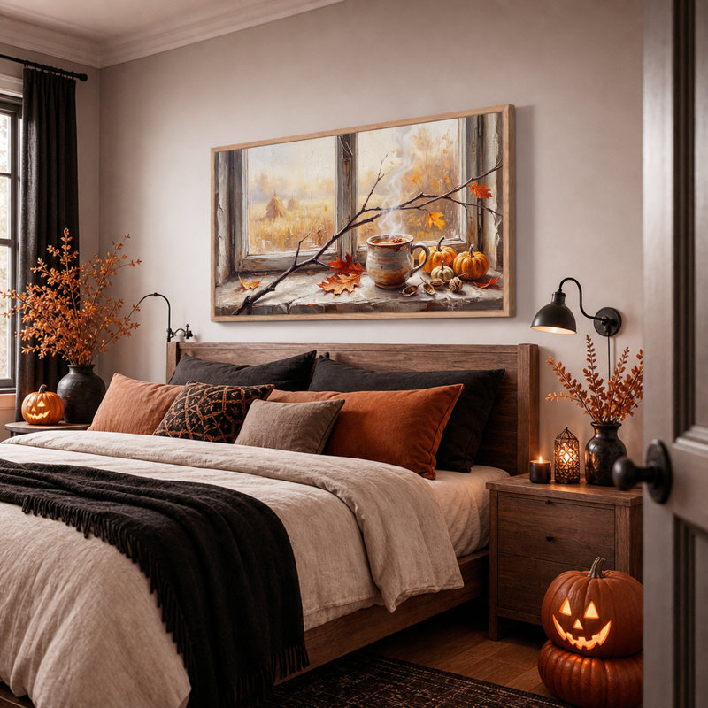 Tasse de chocolat chaud d'automne fumante sur toile rustique d'Halloween