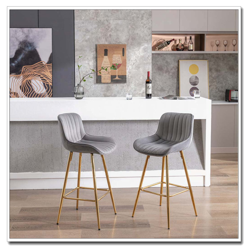 Ensemble de 2 tabourets de bar avec repose-pieds chromé, Gris, Tabouret de comptoir (siège d'une hauteur de 26 p