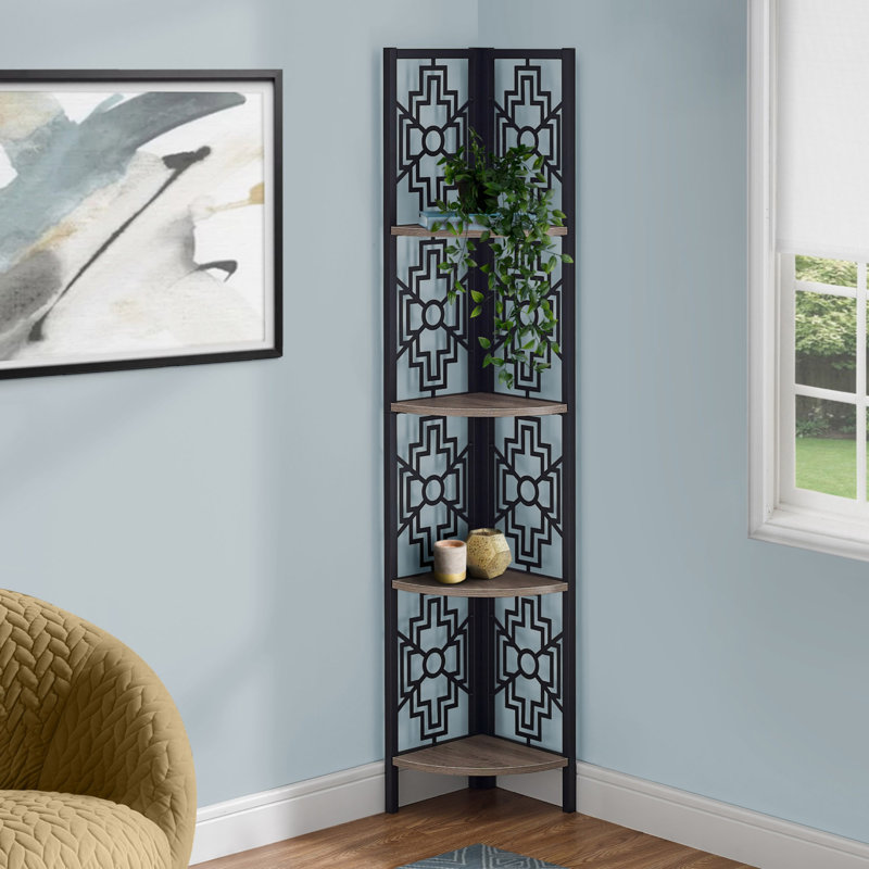 Zynx 62 Inch Corner Etagere Bookshelf, 4 Tier Fan Shape Shelves, Espresso Brown, Espresso, (4 Shelves) 61.5"H x 15.5"W x 11"D