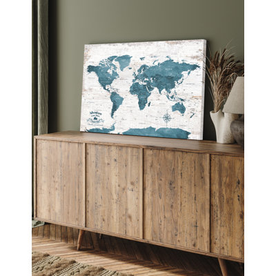 Vintage Teal World Map Canvas Wall Art, Push Pin World Map to Track Your Travels, Rustic Style Wall Decor for Home, Office, Living Room or RV, Ready to Hang