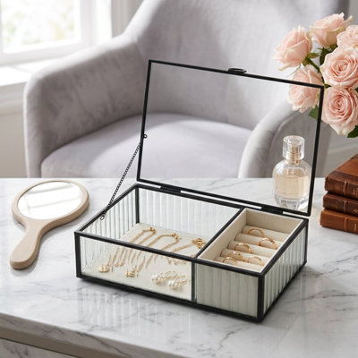 Verena 9.75" Glass Jewelry Box With Two Padded Compartments