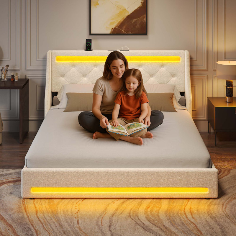Upholstered Platform Bed Frame with Wingback Headboard & LED Lights& 4 Storage Drawers, White, Queen