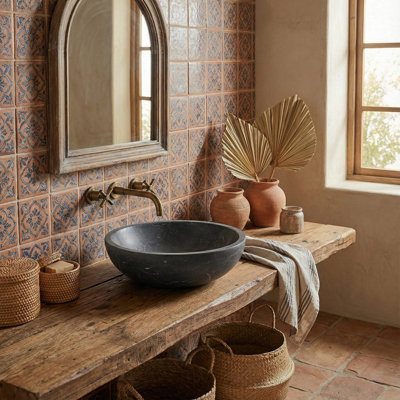 Lavabo vasque de luxe en marbre naturel gris foncé, lavabo rond en pierre matte de 15,8 po, meuble-lavabo une pièce massif sculpté, meuble-lavabo sur comptoir, cuve pour salle de bain et spa (40 cm x 15 cm)