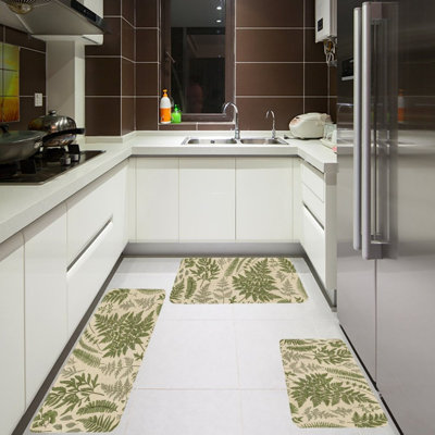 Ensemble de 3 tapis de cuisine en fougère vert beige pour cuisine et salon