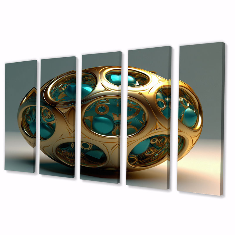 Confronting Infinity Turquoise Gold Sphere II - impression abstraite sur toile fractale - 5 panneaux égaux