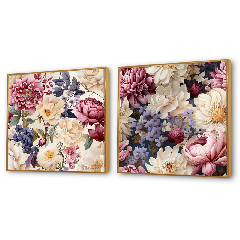 Hadden - Ensemble de 2 collages carrés floraux, Cadre flottant doré, H 30 po x l 61 po