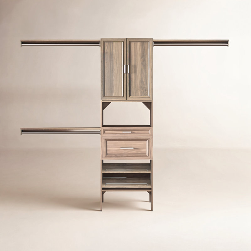 Système d'organisation l 84 po à 120 po Calhoon avec portes, tiroirs et tablettes à chaussures, Gris naturel