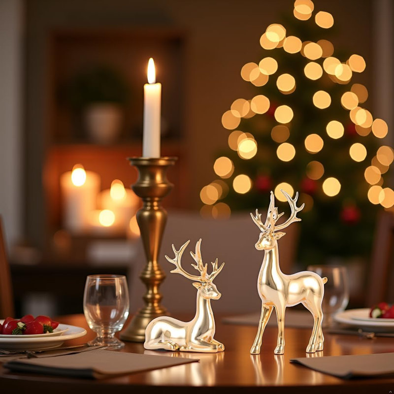 2Pcs Gold Reindeer Christmas Decor Set - Deer Figurine for Table & Home Decor, Golden Table Decor & Deer Decor (Gold)