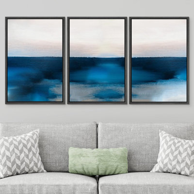 «Minimal Landscape Abstract Blue Ocean Horizon Landscape», impression sur toile 3 pièces