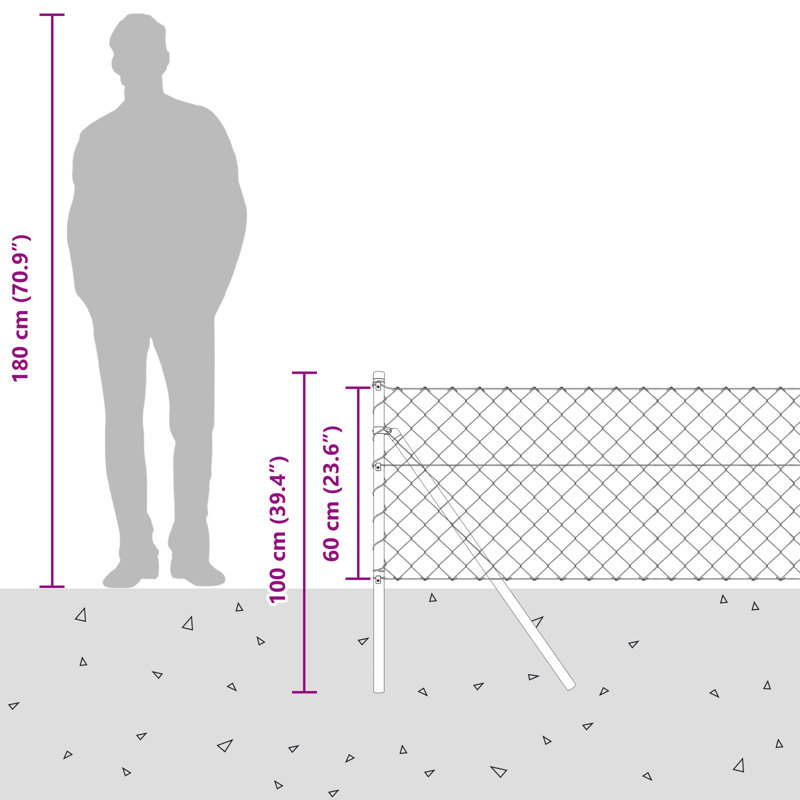  Chain Link Fence With 7 Posts 1.2X10 M Galvanised Steel, 60cm H x 1000cm W, Grey