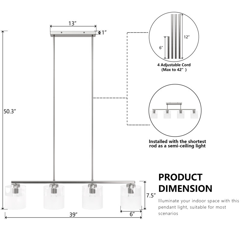 Renley 4-light 39'' Dimmable Modern/traditional Chandelier Pendant For Dining Room.Features Glass shades., Polished Nickel