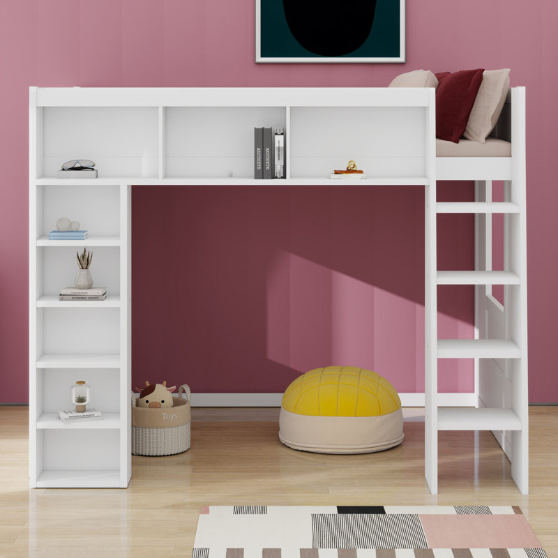 Lit mezzanine en bois avec tablettes de rangement, Blanc