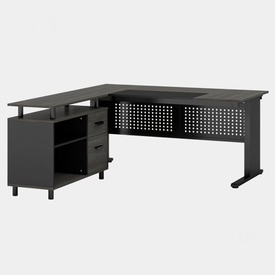Bureau de direction en L 63 po avec classeur, tiroirs et tablettes, poste de travail de coin