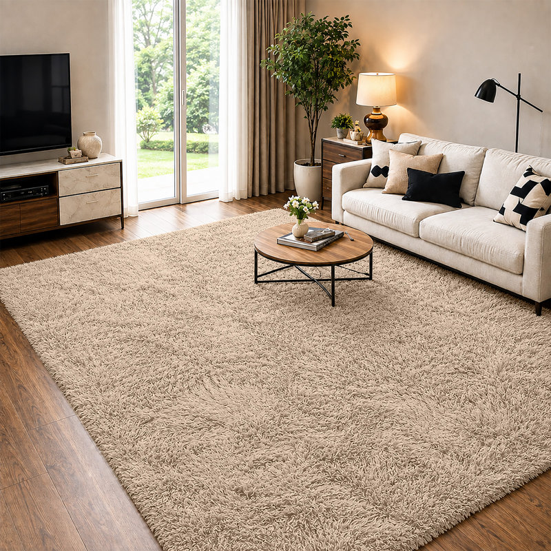 Soft Fluffy Living Room Large Area Rug, Rectangle 120 x 170 cm, Beige