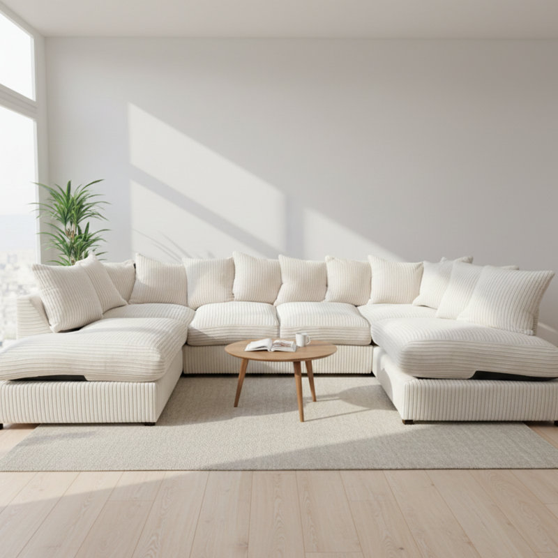 7 Seater Corduroy Corner Sofa, Cream