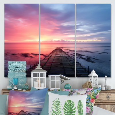 Pink And Blue Pier Horizon Sunset II - Coastal Pier Wall Art