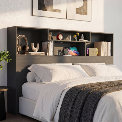 Modern Wood Bookcase Headboard with LED Lighting, Built-In Charging Station & Cable Management, King