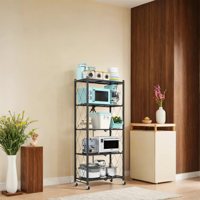 Support de rangement pliable à cinq niveaux avec roulettes, support de rangement en métal, 64.17" H x 28.15" W x 14.4" D