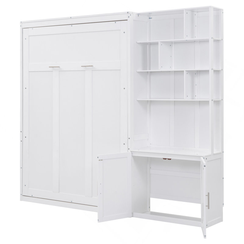 Lit escamotable double avec plusieurs tablettes de rangement et une armoire, blanc