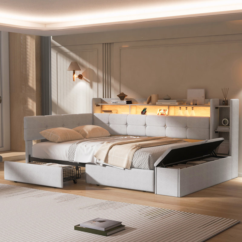 Twin Size Upholstery Daybed with Storage Footstool and Shelves,with Two Drawers, Beige, Twin
